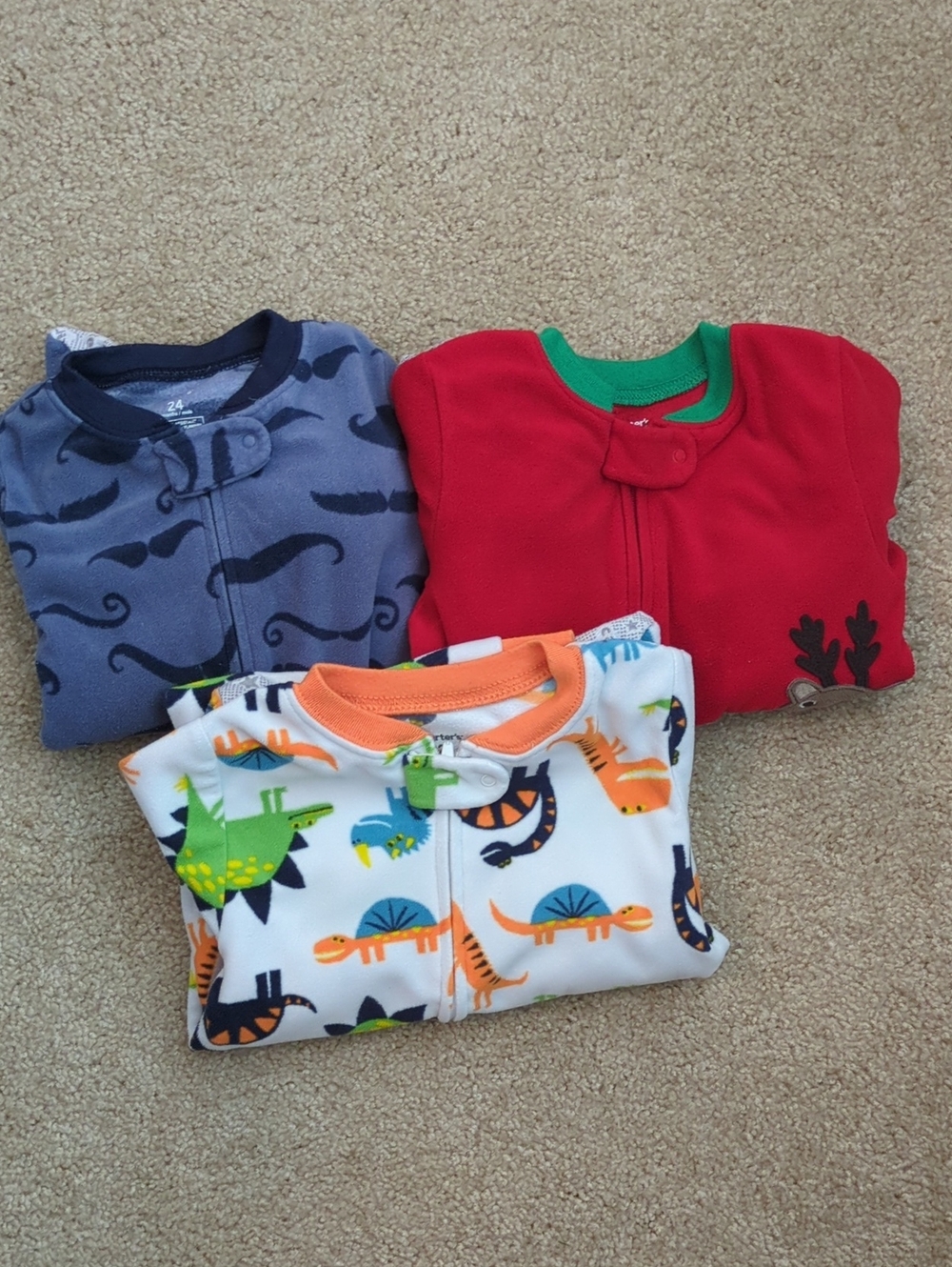Carter's Set of 3 Baby Fleece Footed Pajamas - Mustache, Red Deer, Dinosaur